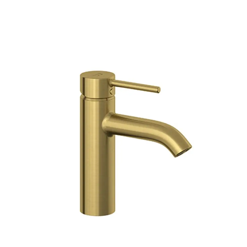 Waschtischarmatur in brushed gold von Kludi mit einem curved Auslauf und einem Hebel für die Wassersteuerung, geeignet für moderne Badezimmeranwendungen.